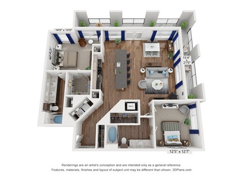 Floor plan for 2 beds, 2 baths, 1395 sqft